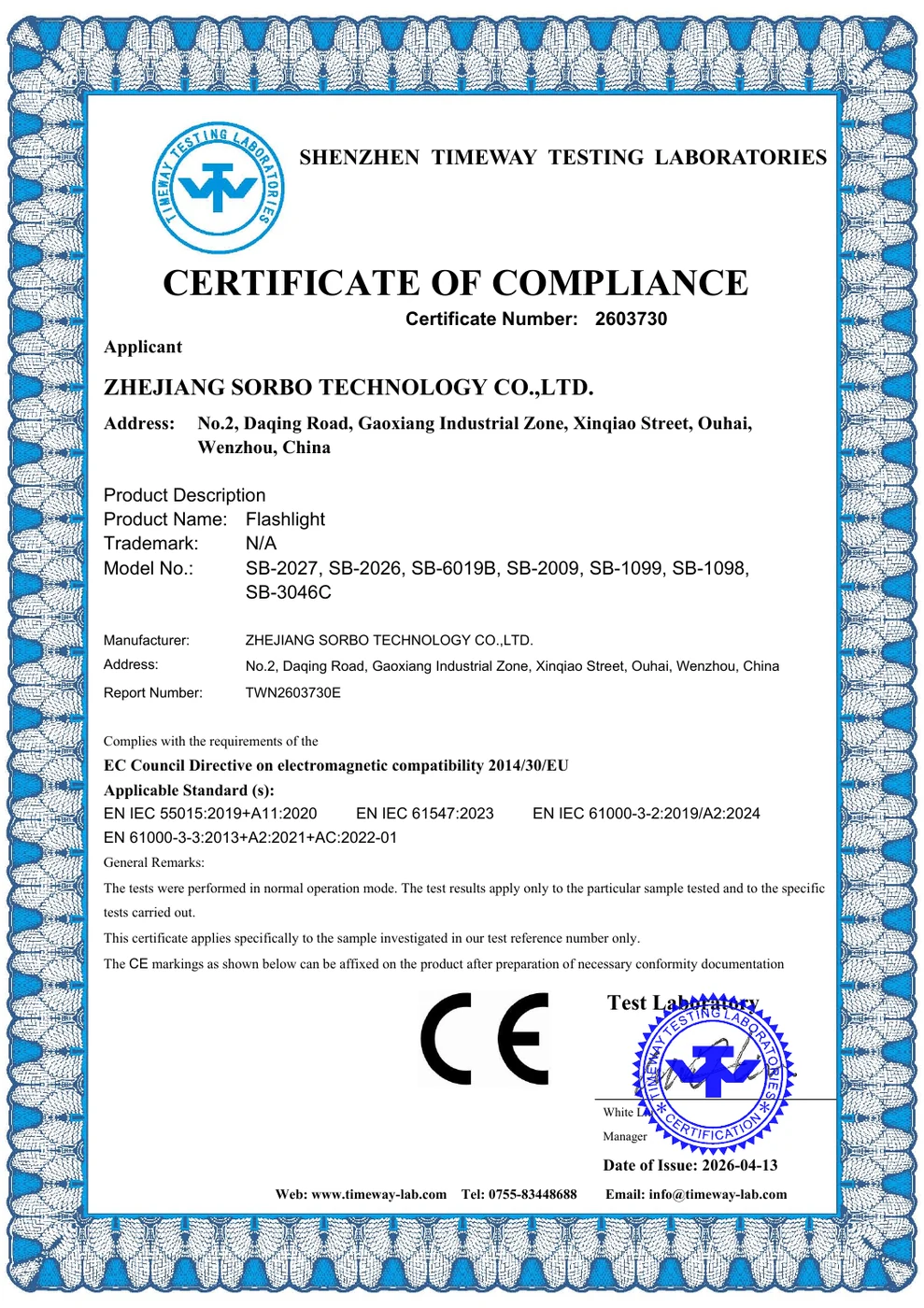 SB-2026 — Certificate of Compliance — CE — EMC Directive 2014/30/EU