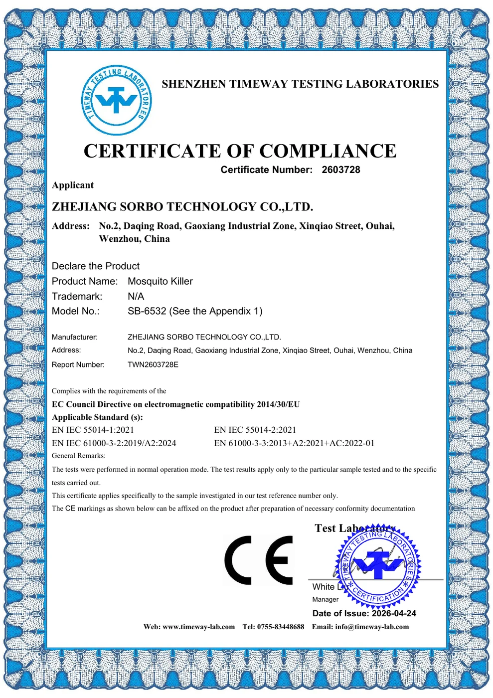 SB-6532 — Certificate of Compliance — CE — EMC Directive 2014/30/EU