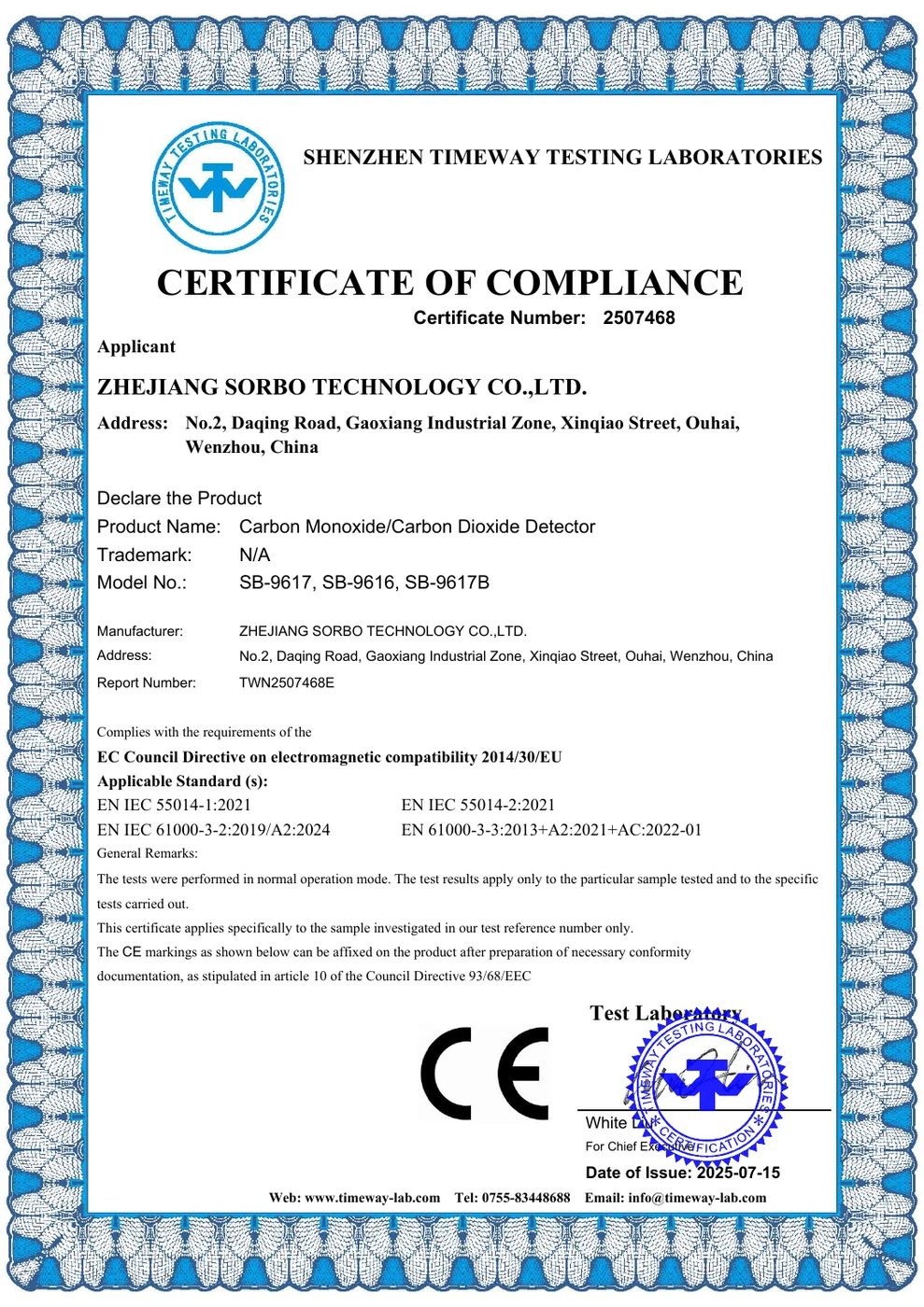 SB-9617B — Certificate of Compliance — CE — EMC Directive 2014/30/EU